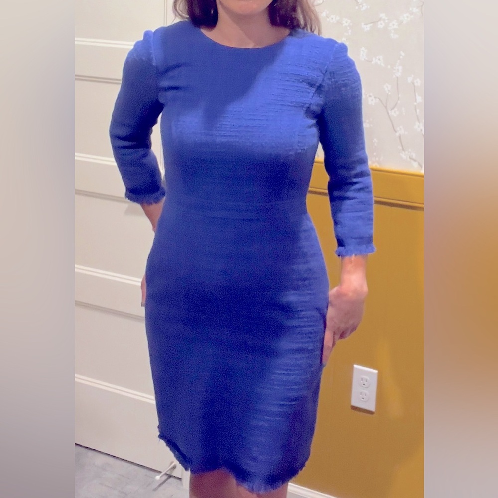 J Crew Dress 3/4 Sleeves Raw Edges (Color: Blue w/Purple Undertones)